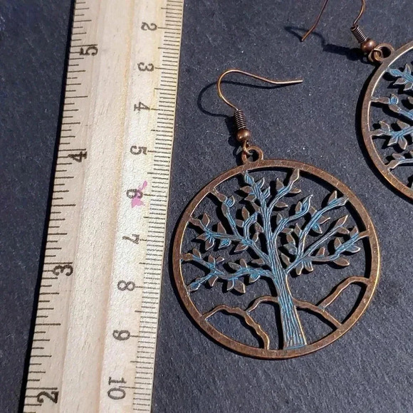Antique Copper Verdigris Blue Green Patina Open Tree of Life Earrings - Picture 7 of 7